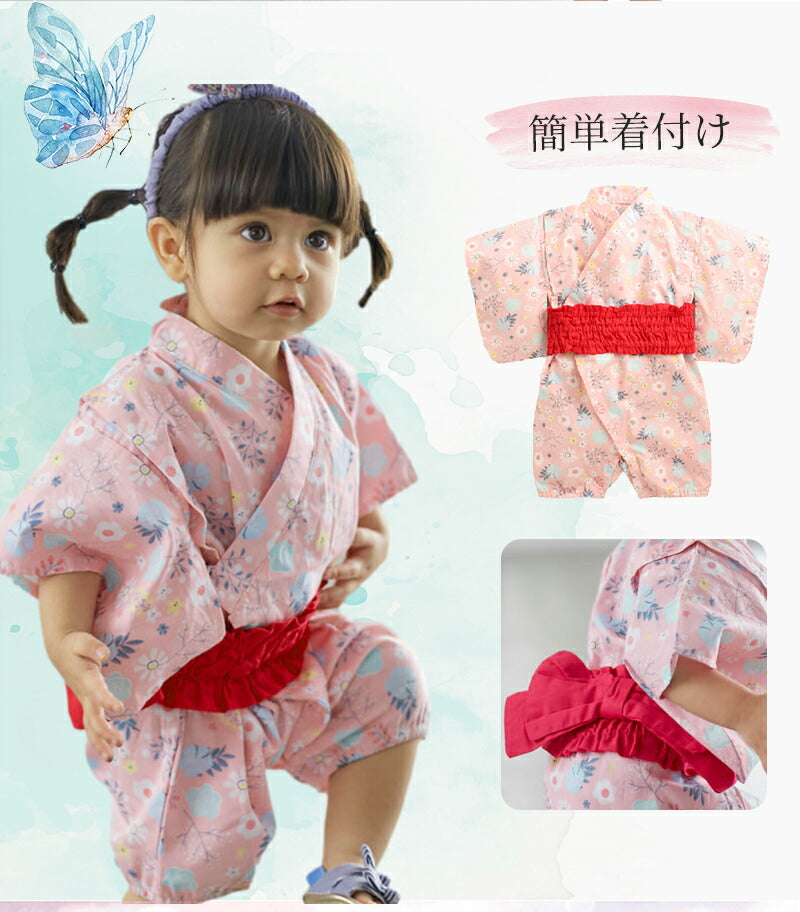 浴衣 子供 和服 ワンピース 女の子 夏祭り ゆかた ガールズ 着物 浴衣ドレス 夏 兵児帯 花柄 蝶結び 帯セット ワンピース 花火大会 お盆休み 夏休み 記yukata-004
