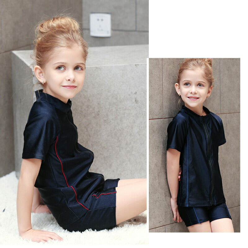 子ども 水着 女児 半袖 前ジッパー セパレート スクール水着 ガールズ 女子 上下別 ハーフパンツ フィットネス 女の子 水着 ジュニア 1 swimsuit-040