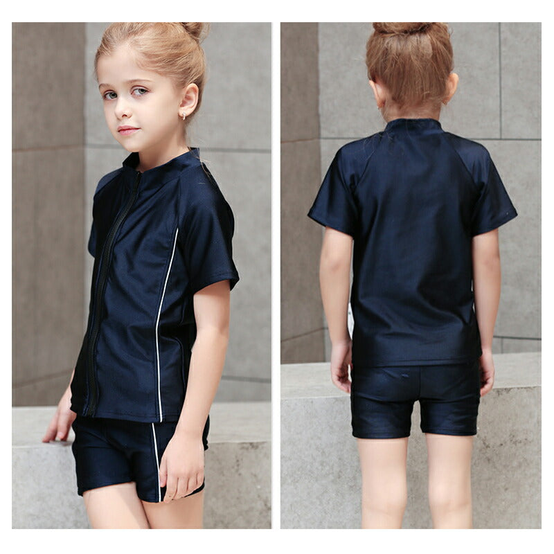 子ども 水着 女児 半袖 前ジッパー セパレート スクール水着 ガールズ 女子 上下別 ハーフパンツ フィットネス 女の子 水着 ジュニア 1 swimsuit-040