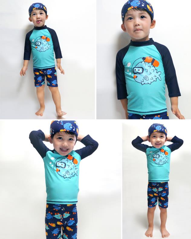 水着 キッズ水着 上下 帽子付き 魚 半袖 男の子 ベビー 赤ちゃん 水着 キッズ 子供 日焼け 対策 紫外線 小学生 保育園 幼稚園 プール 男子 男の子 ス swimsuit-004