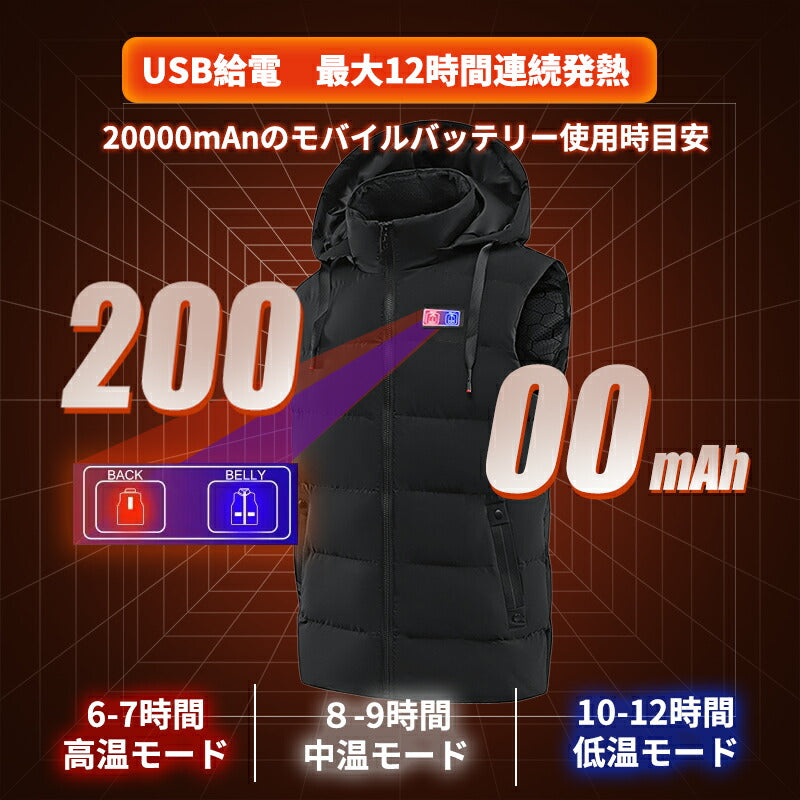 【送料無料~】電熱ベスト  防寒着 速暖 日本製ヒーター 中綿 バッテリー付き USB給電 洗える 三段階調温 軽量 冷え性 メンズ レーディス 20000mA besuto-17pawa