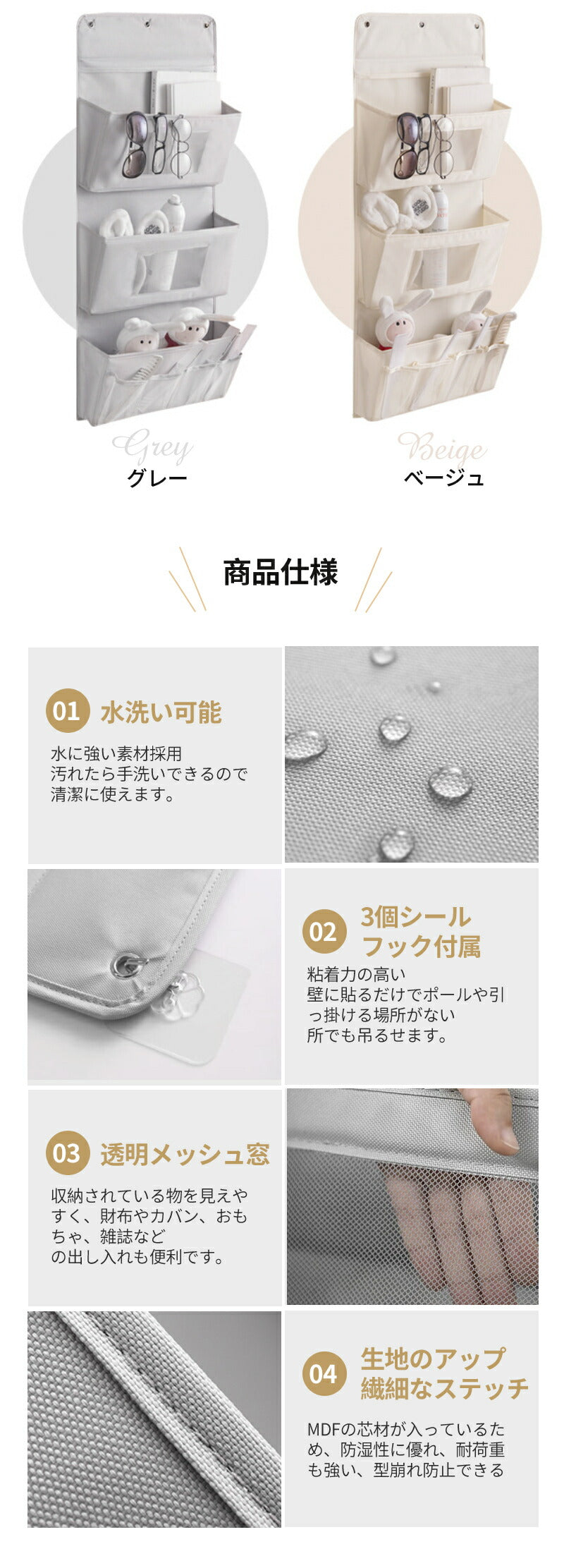 ウォールポケット ドア掛け 収納 3段 吊り下げ収納ラック 壁掛け収納 クローゼット 収納 吊り下げ クリア オックスフォード製 おしゃれ 北欧 水洗可能 大容 basket-01