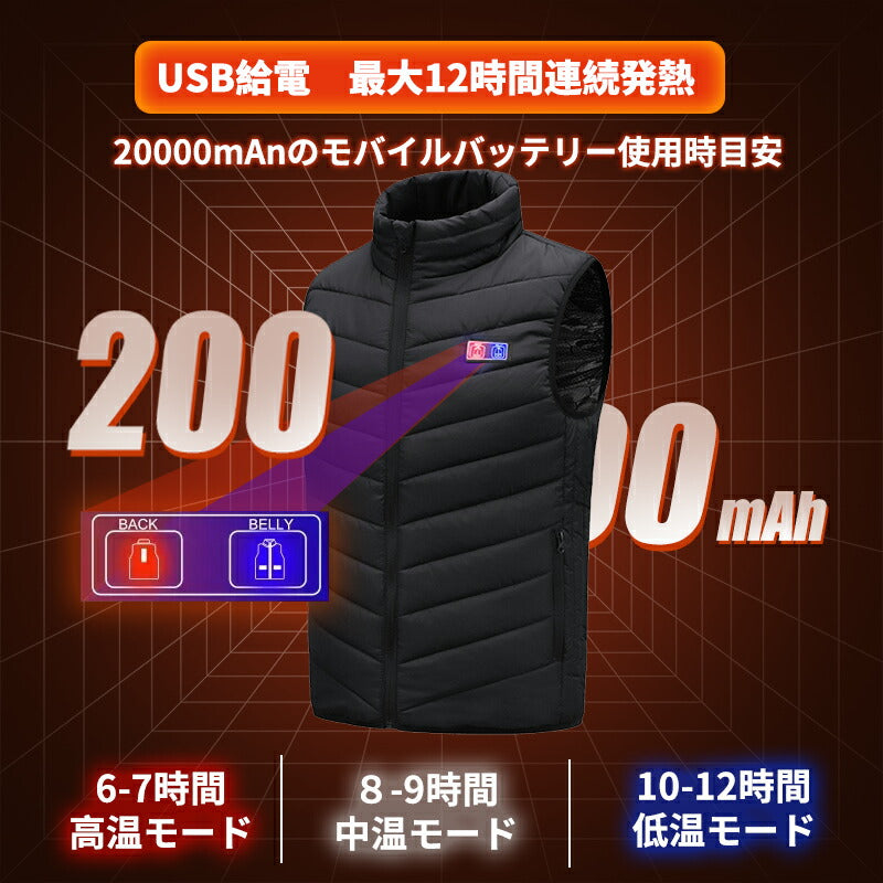 電熱ベスト 三段階調節 ヒーターベスト 11エリア加熱  20000mAh バッテリー付き　加熱ベスト 前後独立 防寒 USB給電 薄型 レーディス 男女兼用  besuto-010pawa