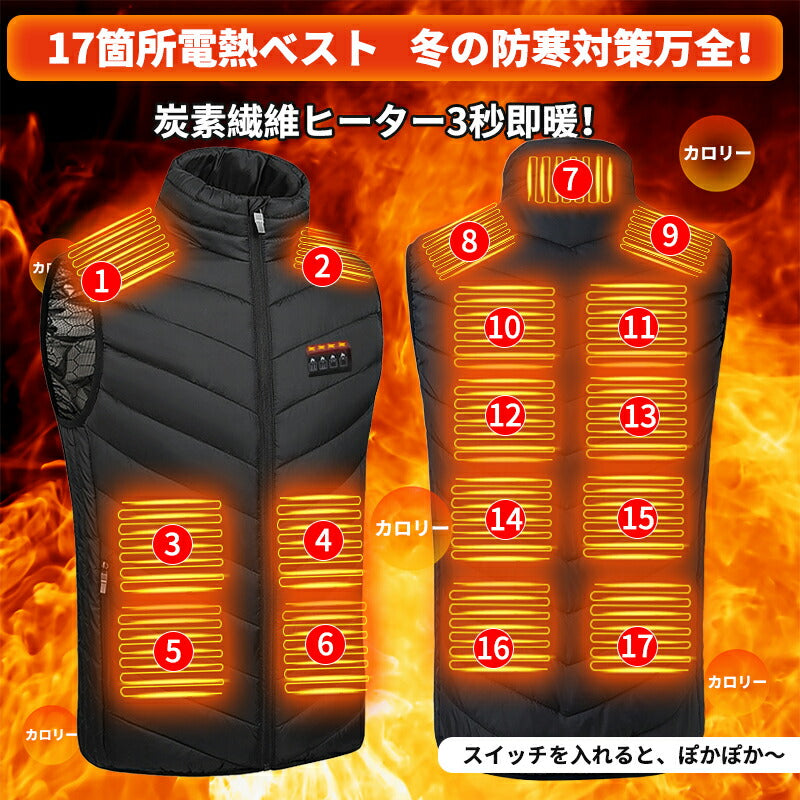 ヒーターベスト 電熱ベスト 日本製ヒーター バッテリー付き 3秒速暖 中綿 USB給電 洗える 三段階調温 軽量 冷え性 メンズ レーディス 電熱ウェア S~4 ss02