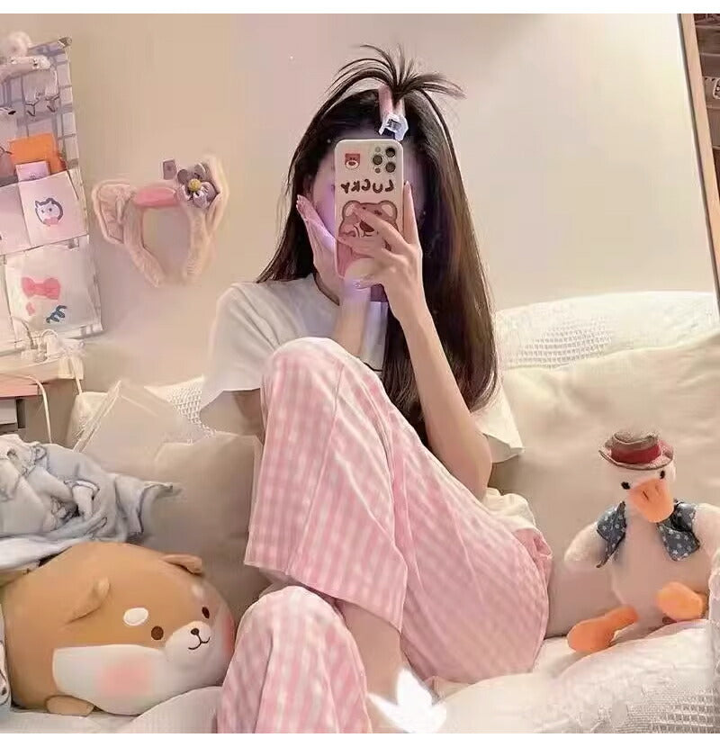 ギンガムチェック ルームウェア レディース 部屋着 パジャマ ショートパンツ ゆったり リラックス 可愛い 春 夏 秋 薄手 綿 ボトムス 寝巻き ポケット ウ pajama-001