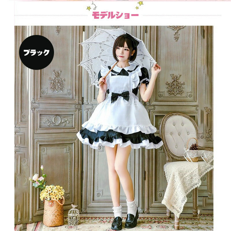 メイド服 コスプレ長袖 可愛い フリル セクシー ハロウィン ロリータ 大人 レディース エプロン カチューシャ スカート ワンピース ピンク 文化祭 リボン  maid-003
