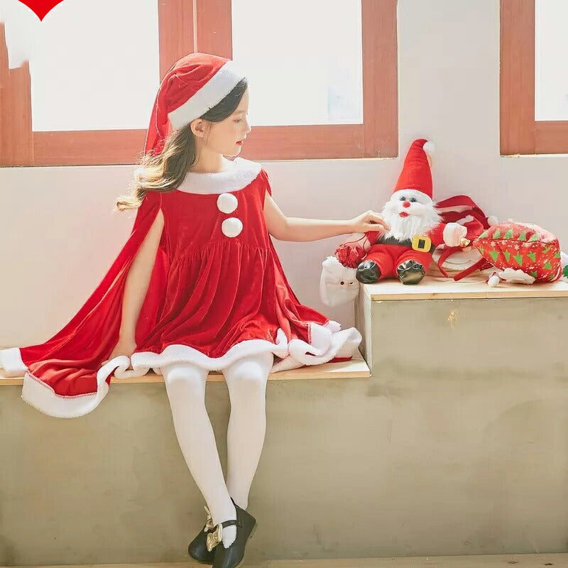 仮装 サンタコス 子供  サンタ服 クリスマス コスチューム 女の子 ポンチョ 2点セット ジュニア キッズ  マント 子供服 帽子 キッズ服 演出服 サンタコ sscopy
