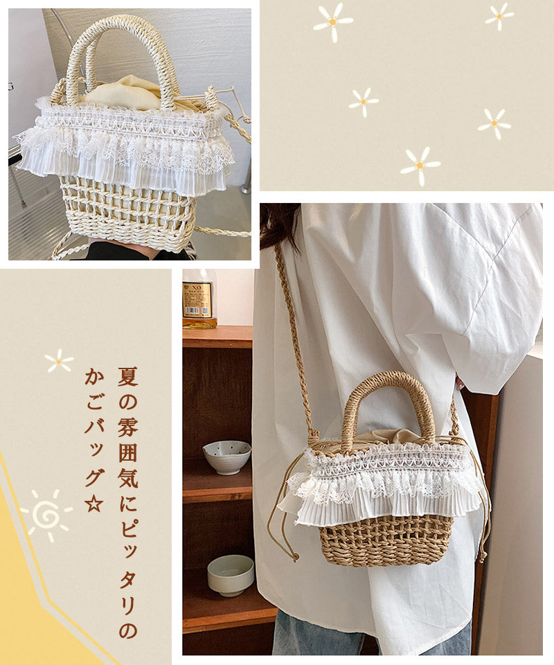 かごバッグ レディース カゴバックハンドバッグ かご編みバッグ ハンドバッグ 可愛い お花見 手提げ ペーパーストローバッグ 巾着付き バスケット型 ナチュラルstb-002