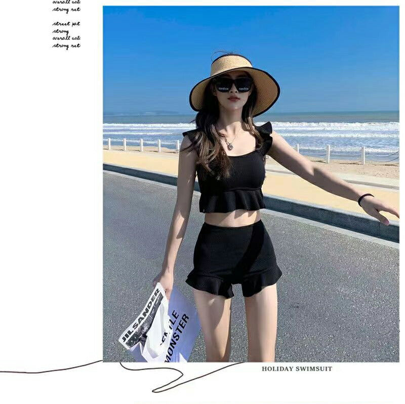 【一部即納】水着 レディース 可愛い 体型カバー ビスチェ ハイウエスト フリル セパレート タンキニ 水着 韓国 露出控えめ パッド一体型 ビキニ ショートパswimsuit-062
