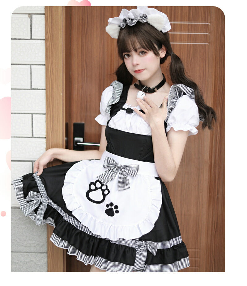 メイド服 ハロウィン コスプレ 長袖 メイド 可愛い 女の子 セクシー カップル ロリータ 定番 衣装 レディース エプロン ドレス アリス風仮装  肉球 リボmaid-009