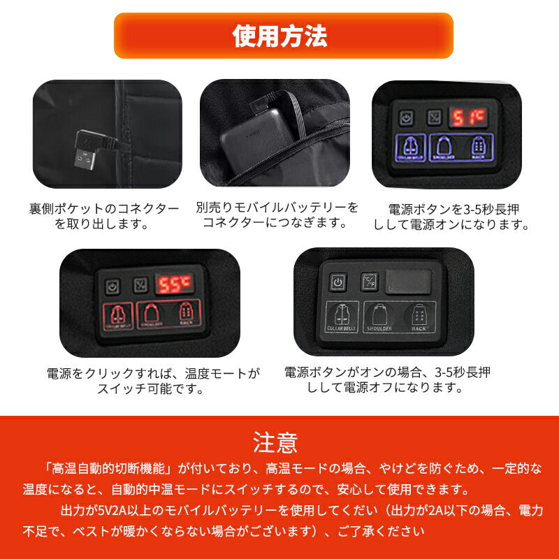 電熱ベスト 速暖  防寒着 日本製ヒーター 中綿 USB給電 洗える 三段階調温 軽量 冷え性 メンズ レーディス 20000mAh バッテリー付き 電熱ウェア besuto-18pawa