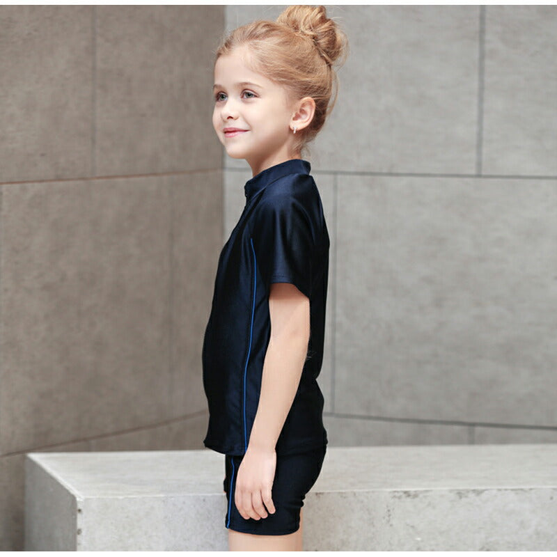 子ども 水着 女児 半袖 前ジッパー セパレート スクール水着 ガールズ 女子 上下別 ハーフパンツ フィットネス 女の子 水着 ジュニア 1 swimsuit-040