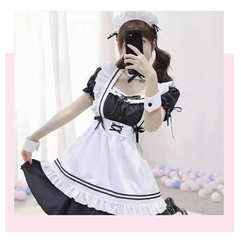 メイド服 メイド 服 6点セット コスプレ 可愛い 女の子 レディース メンズ 半袖 ロリータ ワンピース リボン 黒 ピンク ハロウィン 衣装 大 copysku-78