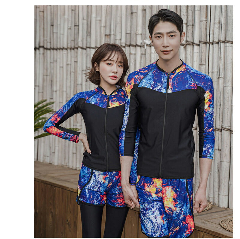 ペアルック メンズ トランクス 水着 レディース カップルお揃い ビーチ水着/S/M/L ビーチパンツ ラッシュガード付き ブラック トレーニング フィットネス swimsuit-053