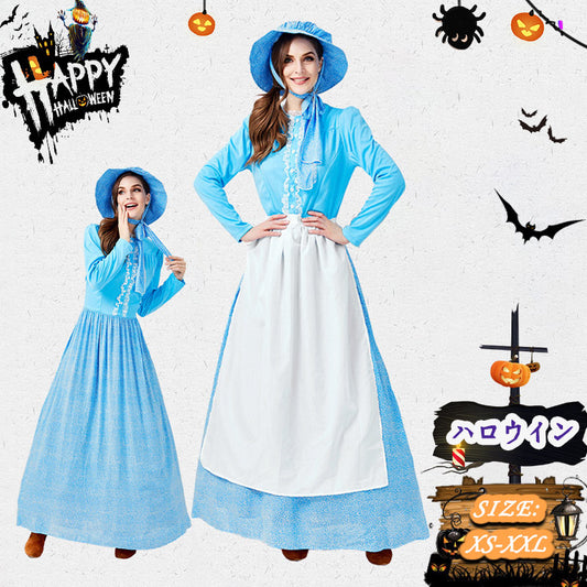 ハロウィン コスプレ アリス コスチューム 衣装 水色 エプロンドレス レディース お姫様 服 コスプレ 仮装  フリーサイズ　リボン カチューシャ ワンピースwsf014