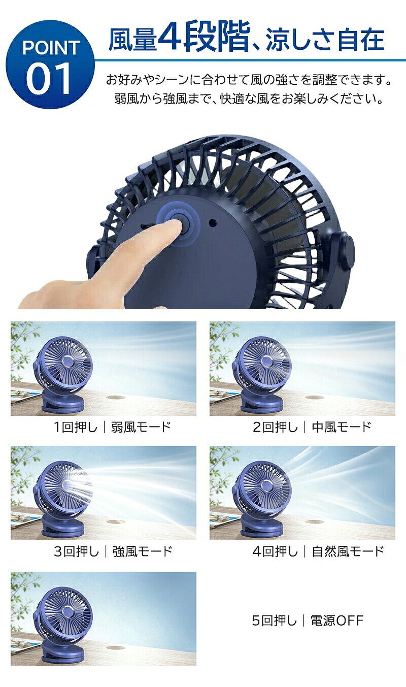 卓上扇風機 クリップファン 扇風機 ファン サーキュレーター 3WAY 充電式 10000mAh DCモーター 4段階風量 360度回転 卓上 クリップ 壁掛け ベビーカー USB ミニ扇風機 デスクファン デスクトップファン USBファン 卓上ファン 携帯 小型 静音 コードレス パワフル リズム風
