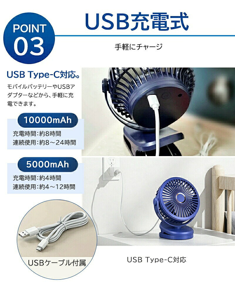 卓上扇風機 クリップファン 扇風機 ファン サーキュレーター 3WAY 充電式 10000mAh DCモーター 4段階風量 360度回転 卓上 クリップ 壁掛け ベビーカー USB ミニ扇風機 デスクファン デスクトップファン USBファン 卓上ファン 携帯 小型 静音 コードレス パワフル リズム風