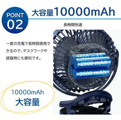 卓上扇風機 クリップファン 扇風機 ファン サーキュレーター 3WAY 充電式 10000mAh DCモーター 4段階風量 360度回転 卓上 クリップ 壁掛け ベビーカー USB ミニ扇風機 デスクファン デスクトップファン USBファン 卓上ファン 携帯 小型 静音 コードレス パワフル リズム風