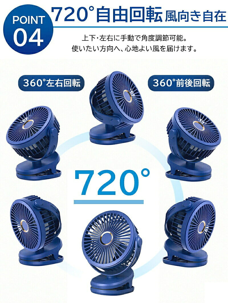 卓上扇風機 クリップファン 扇風機 ファン サーキュレーター 3WAY 充電式 10000mAh DCモーター 4段階風量 360度回転 卓上 クリップ 壁掛け ベビーカー USB ミニ扇風機 デスクファン デスクトップファン USBファン 卓上ファン 携帯 小型 静音 コードレス パワフル リズム風
