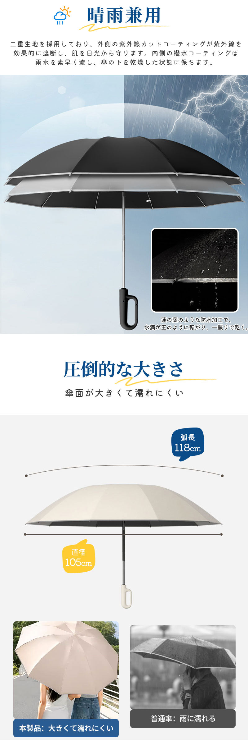 折りたたみ傘 逆折り式 自動開閉 ワンタッチ 大きめサイズ 晴雨兼用 日傘 UVカット 遮光・遮熱 反射テープ 頑丈設計 カラビナハンドル シンプル おしゃれ メンズ 梅雨 出張 外出に最適