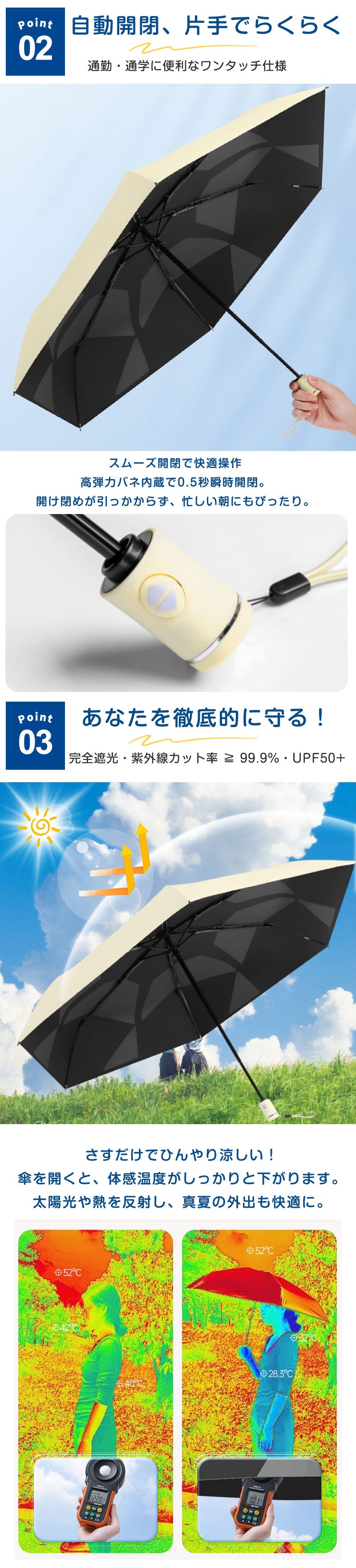 日傘 折りたたみ 3秒で収納！完全遮光 形状記憶 自動開閉傘 軽量 折りたたみ傘 ワンタッチ 自動開閉 親骨 6本骨 遮熱 涼しい 晴雨兼用 UVカット 頑丈 収納やすい 撥水加工 風に強い コンパクト