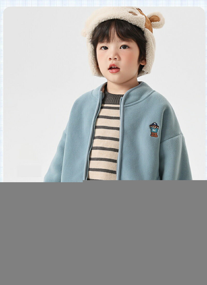 ブルゾン キッズ アウター ジャケット アウター 子供 男の子 女の子 ガールズ 女児 ジュニア フードなし スタンドカラー ファスナー もこもこ 暖かい 保温性抜群 冬 可愛い 通学 通園 おでかけ デイリー 子供服 100cm カーキー