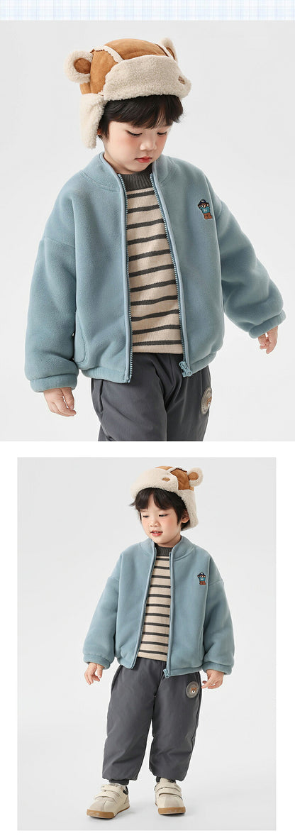 ブルゾン キッズ アウター ジャケット アウター 子供 男の子 女の子 ガールズ 女児 ジュニア フードなし スタンドカラー ファスナー もこもこ 暖かい 保温性抜群 冬 可愛い 通学 通園 おでかけ デイリー 子供服 100cm カーキー
