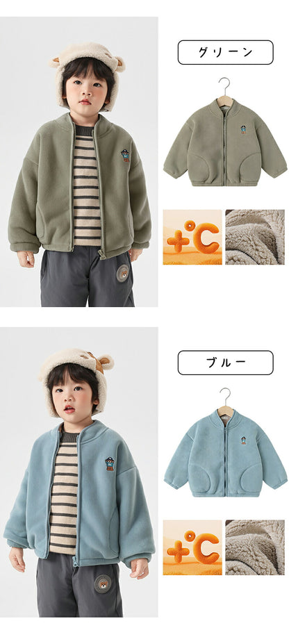 ブルゾン キッズ アウター ジャケット アウター 子供 男の子 女の子 ガールズ 女児 ジュニア フードなし スタンドカラー ファスナー もこもこ 暖かい 保温性抜群 冬 可愛い 通学 通園 おでかけ デイリー 子供服 100cm カーキー