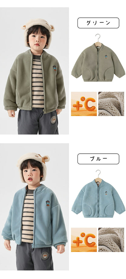 ブルゾン キッズ アウター ジャケット アウター 子供 男の子 女の子 ガールズ 女児 ジュニア フードなし スタンドカラー ファスナー もこもこ 暖かい 保温性抜群 冬 可愛い 通学 通園 おでかけ デイリー 子供服 100cm カーキー