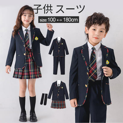 入学式 スーツ 子供 セーラー服　チェックスカート キッズ 卒業式　5点セット 女子学生制服 上下セット フォーマル スクールシkidssuit-004