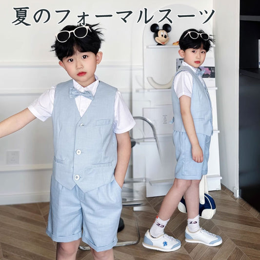 キッズ ファッション 子供服 フォーマルスーツ 男の子スーツ 半袖シャツ ベスト パンツ 蝶ネクタイ 3点セット 4点セット 半袖 おしゃれ 無地 ジュニア 男の子 入学式 卒業式 結婚式 パーティー 発表会 誕生日プレゼント 七五三 3色 90-130cm