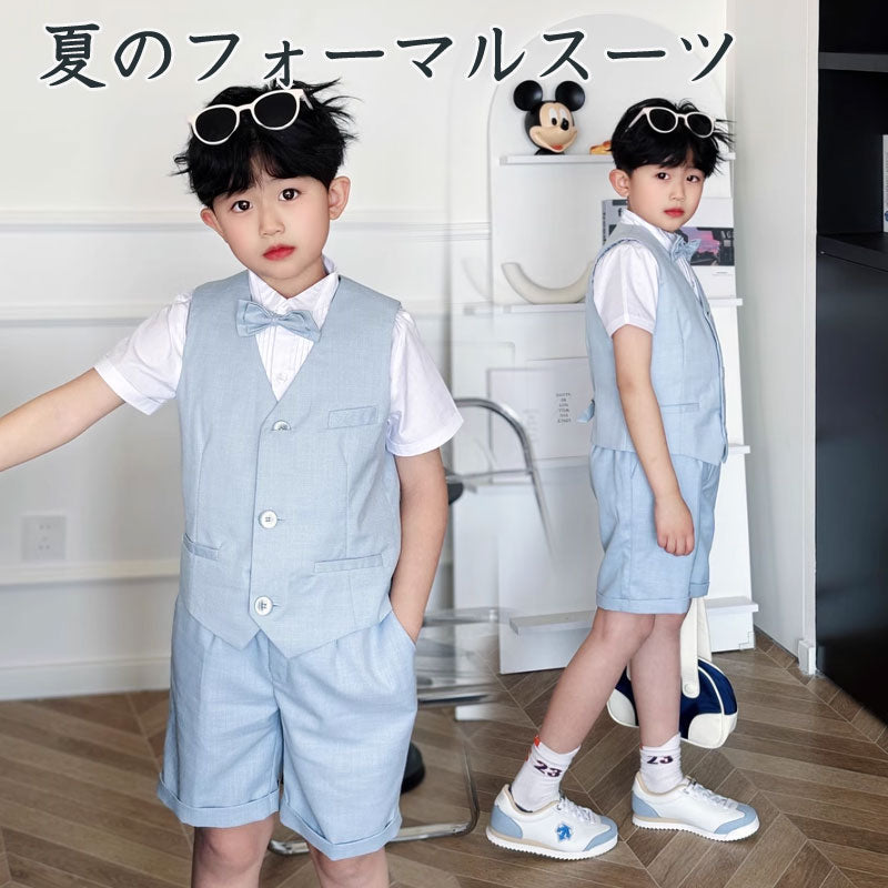 キッズ ファッション 子供服 フォーマルスーツ 男の子スーツ 半袖シャツ ベスト パンツ 蝶ネクタイ 3点セット 4点セット 半袖 おしゃれ 無地 ジュニア 男の子 入学式 卒業式 結婚式 パーティー 発表会 誕生日プレゼント 七五三 3色 90-130cm
