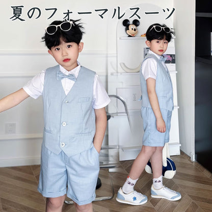 キッズ ファッション 子供服 フォーマルスーツ 男の子スーツ 半袖シャツ ベスト パンツ 蝶ネクタイ 3点セット 4点セット 半袖 おしゃれ 無地 ジュニア 男の子 入学式 卒業式 結婚式 パーティー 発表会 誕生日プレゼント 七五三 3色 90-130cm