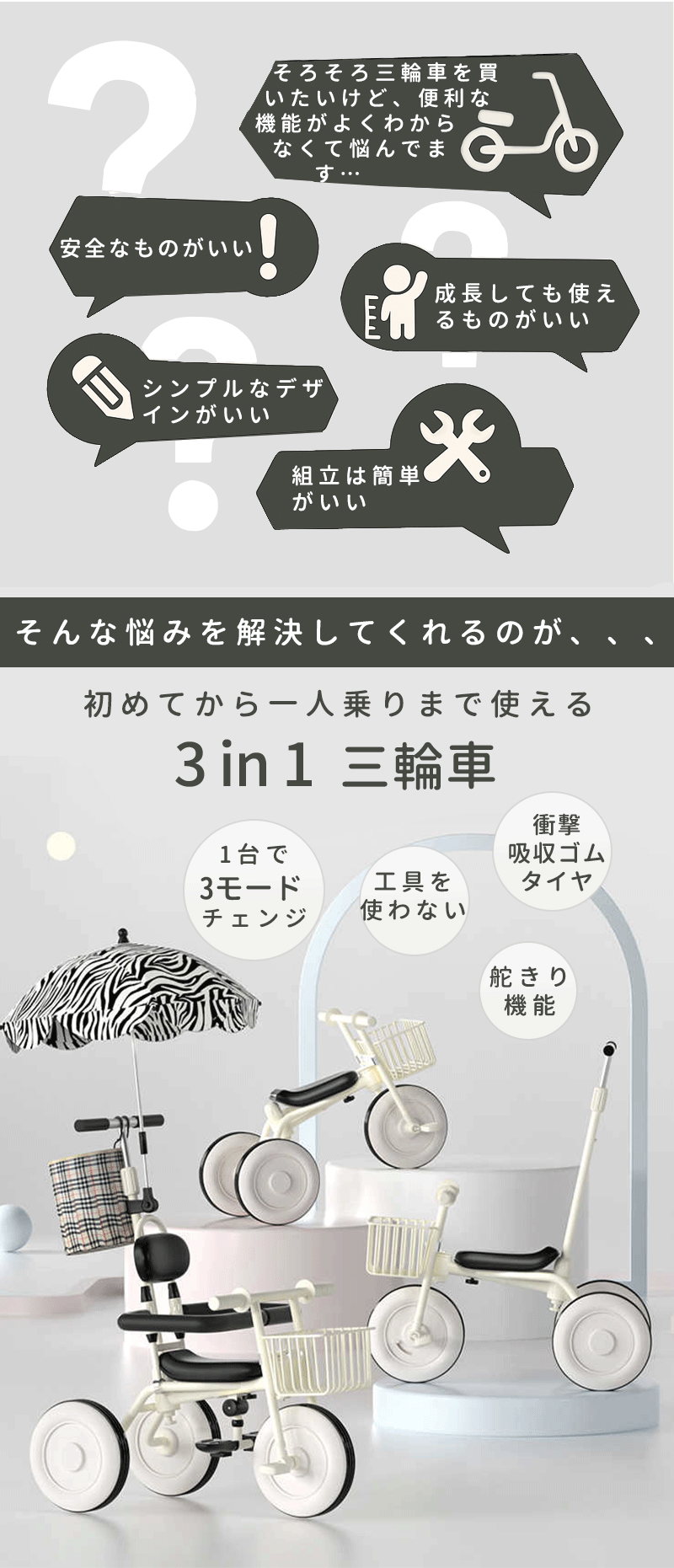 三輪車 手押し棒付き 前輪ロック 転倒防止 背もたれ カゴ付き 軽量 かじとり 子供 男の子 女の子 レトロ おしゃれ かわいい ベビーカー 幼児用 お祝い キkidstrike-001