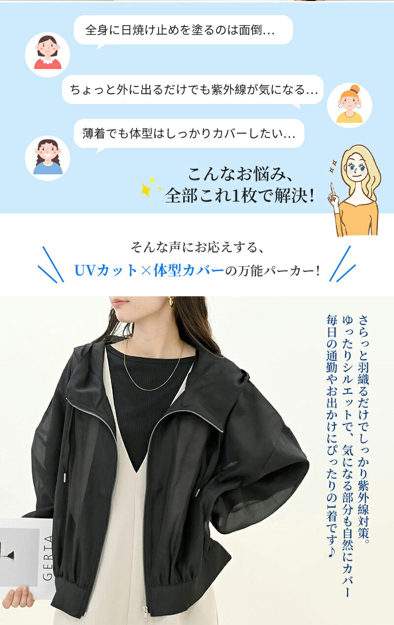 パーカー レディース 薄手 夏 春 シアーブルゾン uvパーカー フード付き ジャケット 羽織り カジュアル ショート丈 アウター トップス  ボリューム袖 体型カバー  uvカット ライトアウター 日焼け対策 UV 涼しい  無地 冷房対応 日焼け止め