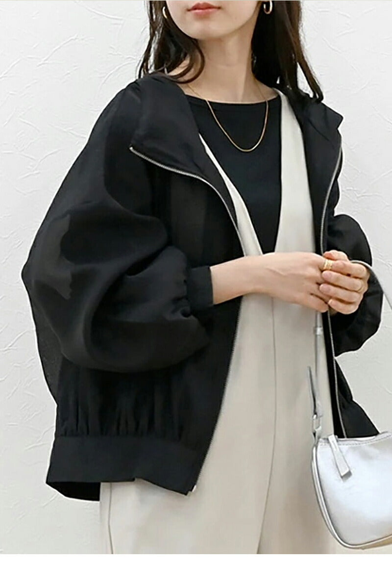 パーカー レディース 薄手 夏 春 シアーブルゾン uvパーカー フード付き ジャケット 羽織り カジュアル ショート丈 アウター トップス  ボリューム袖 体型カバー  uvカット ライトアウター 日焼け対策 UV 涼しい  無地 冷房対応 日焼け止め