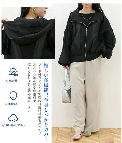 パーカー レディース 薄手 夏 春 シアーブルゾン uvパーカー フード付き ジャケット 羽織り カジュアル ショート丈 アウター トップス  ボリューム袖 体型カバー  uvカット ライトアウター 日焼け対策 UV 涼しい  無地 冷房対応 日焼け止め