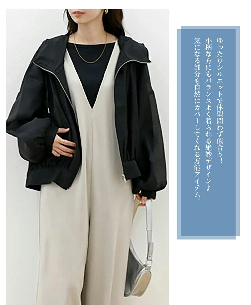 パーカー レディース 薄手 夏 春 シアーブルゾン uvパーカー フード付き ジャケット 羽織り カジュアル ショート丈 アウター トップス  ボリューム袖 体型カバー  uvカット ライトアウター 日焼け対策 UV 涼しい  無地 冷房対応 日焼け止め