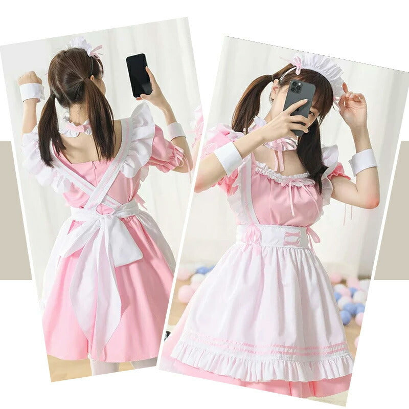 メイド服 メイド 服 6点セット コスプレ 可愛い 女の子 レディース メンズ 半袖 ロリータ ワンピース リボン 黒 ピンク ハロウィン 衣装 大きいサイズ 定番 S-5XL 男性ウケ かわいい 洋服 クラシカル ゴスロリ