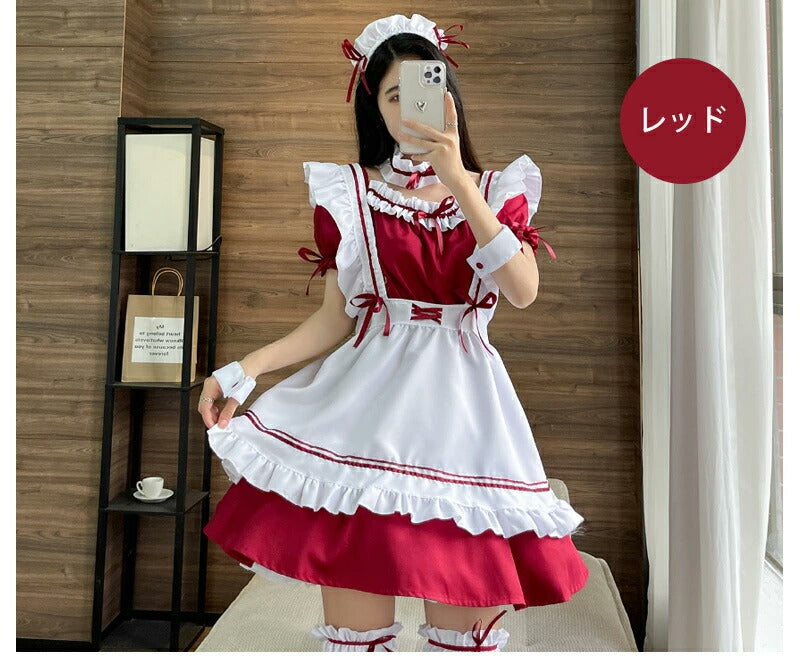 メイド服 メイド 服 6点セット コスプレ 可愛い 女の子 レディース メンズ 半袖 ロリータ ワンピース リボン 黒 ピンク ハロウィン 衣装 大きいサイズ 定番 S-5XL 男性ウケ かわいい 洋服 クラシカル ゴスロリ