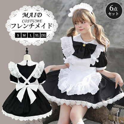 メイド服 ハロウィン コスプレ メイド 可愛い 女の子 セクシー カップル ロリータ 定番 衣装 レディース エプロン ドレス アリス風仮装 男ウケ 大きいサイズ 頭飾り カチューシャ 女子会 豪華6点セット ブラック アイドル 黒 学園祭  S-2XL