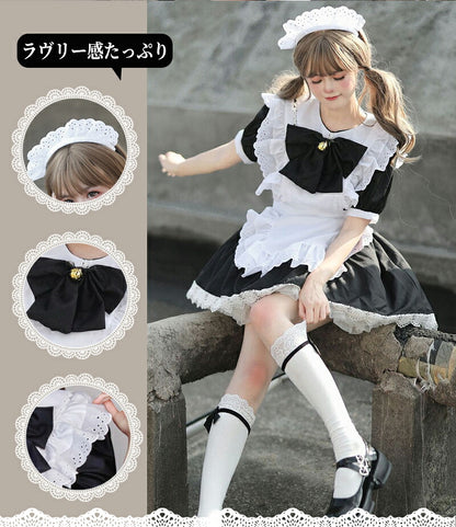メイド服 ハロウィン コスプレ メイド 可愛い 女の子 セクシー カップル ロリータ 定番 衣装 レディース エプロン ドレス アリス風仮装 男ウケ 大きいサイズ 頭飾り カチューシャ 女子会 アイドル ブラック 黒 学園祭 豪華6点セット S-2XL