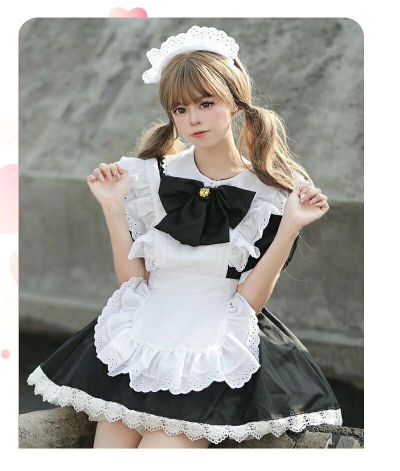 メイド服 ハロウィン コスプレ メイド 可愛い 女の子 セクシー カップル ロリータ 定番 衣装 レディース エプロン ドレス アリス風仮装 男ウケ 大きいサイズ 頭飾り カチューシャ 女子会 豪華6点セット ブラック アイドル 黒 学園祭  S-2XL