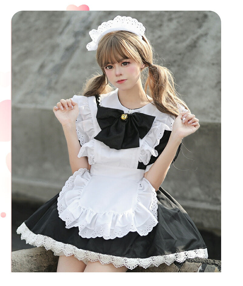 メイド服 ハロウィン コスプレ メイド 可愛い 女の子 セクシー カップル ロリータ 定番 衣装 レディース エプロン ドレス アリス風仮装 男ウケ 大きいサイズ 頭飾り カチューシャ 女子会 アイドル ブラック 黒 学園祭 豪華6点セット S-2XL