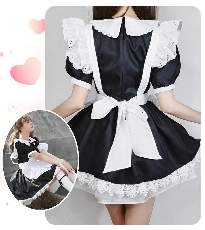 メイド服 ハロウィン コスプレ メイド 可愛い 女の子 セクシー カップル ロリータ 定番 衣装 レディース エプロン ドレス アリス風仮装 男ウケ 大きいサイズ 頭飾り カチューシャ 女子会 アイドル ブラック 黒 学園祭 豪華6点セット S-2XL