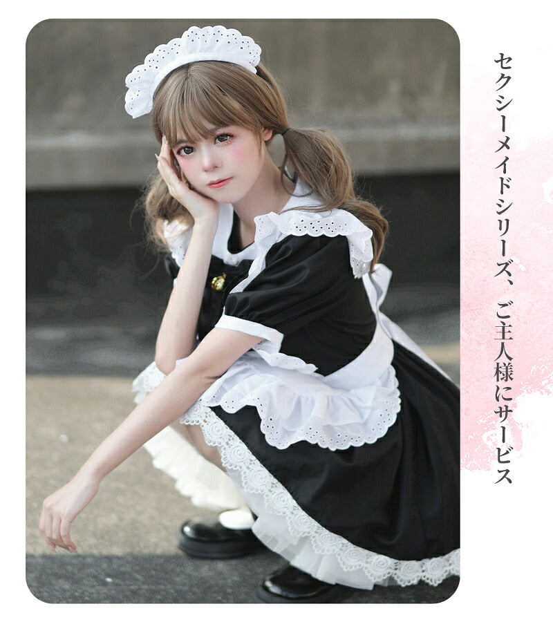 メイド服 ハロウィン コスプレ メイド 可愛い 女の子 セクシー カップル ロリータ 定番 衣装 レディース エプロン ドレス アリス風仮装 男ウケ 大きいサイズ 頭飾り カチューシャ 女子会 アイドル ブラック 黒 学園祭 豪華6点セット S-2XL