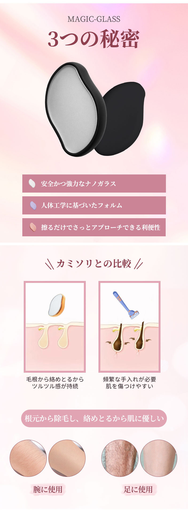 脱毛 こするだけ 除毛 毛剃り 無痛 ナノガラス 脱毛器 脱毛機 メンズ レディース 子供 ガラスリムーバー 摩擦 ムダ毛処理 家庭用 ツール 角質取り 自宅 顔 足 腕 痛くない 角質除去 無痛 男女用 充電不要 送料無料