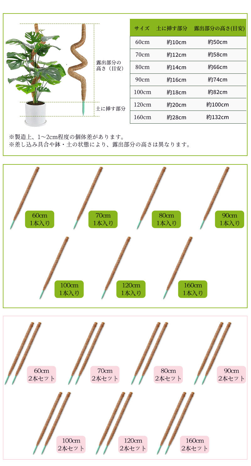 観葉植物 支柱 園芸支柱 曲げられる ココスティック モンステラ支柱 モンステラ 園芸用 植物 ココナッツ支柱 つる性植物 植物サポート ヘゴ支柱 ココナッツ 園芸支柱パーツ フラワースタンド  2本入り ポトス モスポール