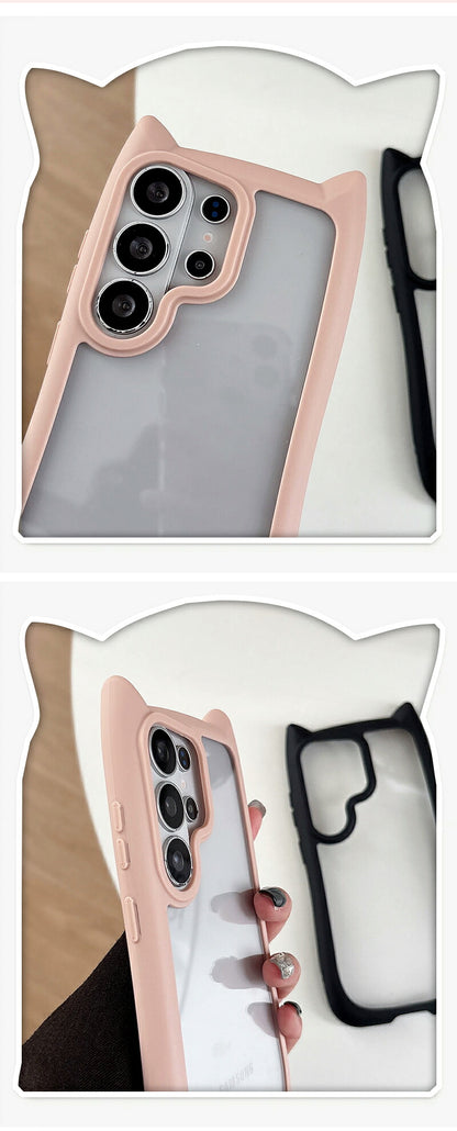 galaxy ケース s26 猫耳 ギャラクシー カバー クリア 透明 かわいい 韓国 おしゃれ S26EDGE ケース ショルダー スマホショルダー ストラップ カメラ保護 ねこ みみ 猫 携帯ケース スマホケース iPhone16Pro ケース iPhone16ProMax ケース