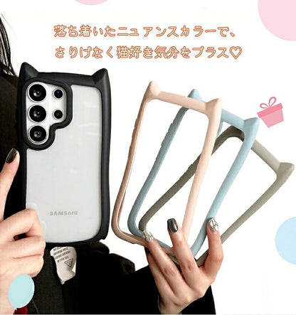 galaxy ケース s26 猫耳 ギャラクシー カバー クリア 透明 かわいい 韓国 おしゃれ S26EDGE ケース ショルダー スマホショルダー ストラップ カメラ保護 ねこ みみ 猫 携帯ケース スマホケース iPhone16Pro ケース iPhone16ProMax ケース